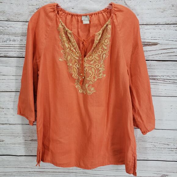 Chico's 100%Linen V-Neck Gold Lace Front Detail 3/4 Sleeve Top Size 1 - Picture 1 of 15